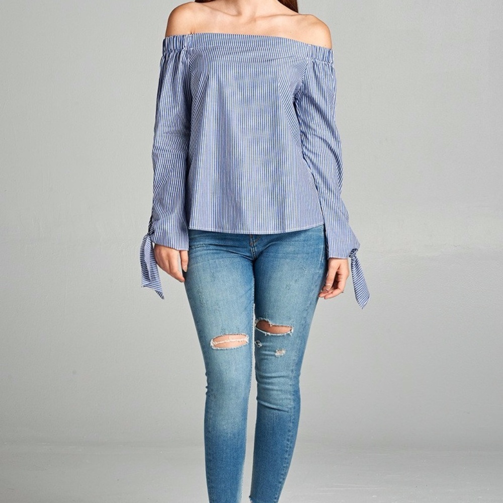 Off-the-Shoulder Blue Stripe Blouse